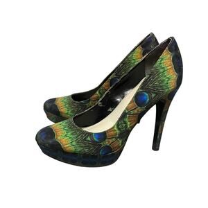 Nine West Unique Peacock Print High Heel Stiletto Pump Size 5 Colorful Round Toe